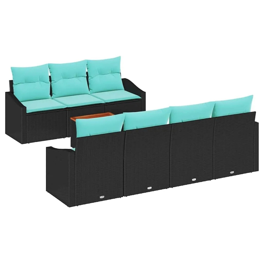 vidaXL Gartensofa-Set 8-teilig aus Poly-Rattan und Akazienholz in Schwarz mit Kissen und Gartentisch - Bild 2