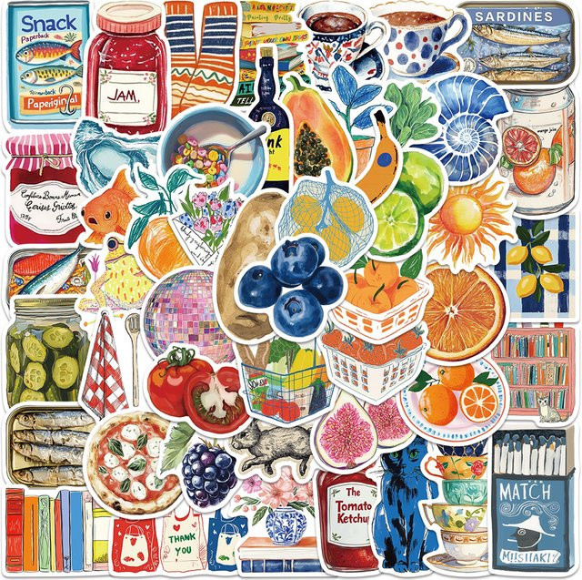 50 Stück PickJoy Aquarell Aufkleber mit Obst und Konserven Mustern in Multicolour für Laptop und Dekoration - Bild 1