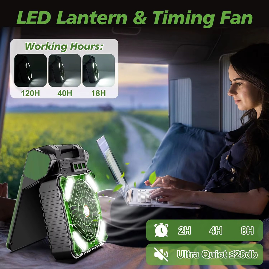 WAAJEA Solar Camping-LED-Laterne mit integriertem Ventilator, 10000mAh Akku, 4 Geschwindigkeiten und 90 Grad Faltung, Schwarz - Bild 2