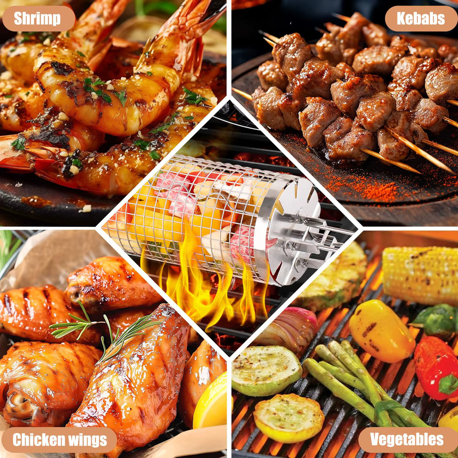 BUYYES Grillkorb Rund aus Edelstahl mit abnehmbarem Holzgriff für BBQ und Camping, Silber - Bild 5