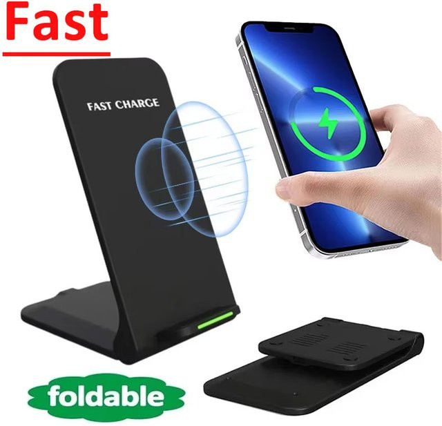 VIKEFON Dual-Spulen Wireless Ladestation in Schwarz für iPhone und Samsung Smartphones als Schnellladestation und Handyhalterung - Bild 1