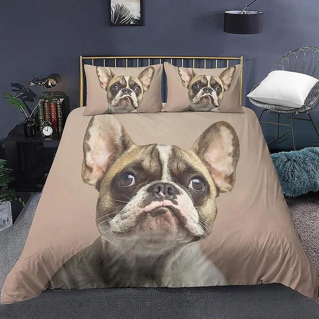 Bettwäsche-Set Your Warm Home mit französischer Bulldogge und Welpen-Motiv in Beige, bestehend aus 1x Bettbezug und 1x Kissenbezug, B/H: 135 x 200 cm - Bild 1