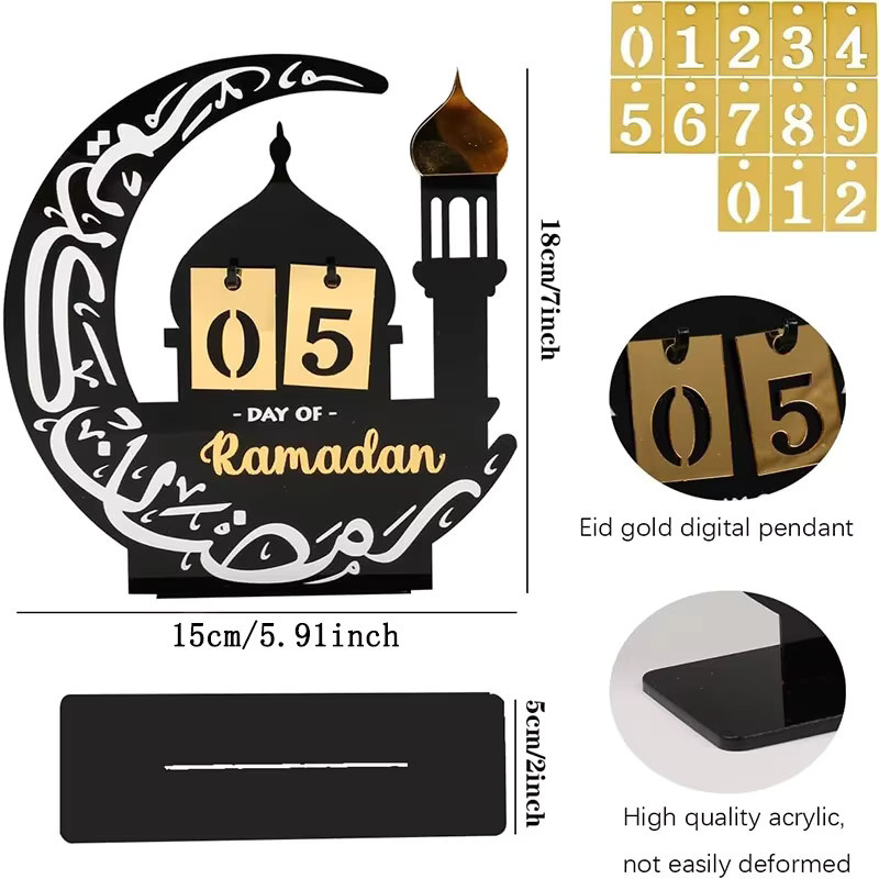 Interaktiver Eid-Countdown-Kalender 2026 aus schwarzem Acryl als DIY-Ornament für Ramadan und muslimische Feste zur Tischdekoration - Bild 5
