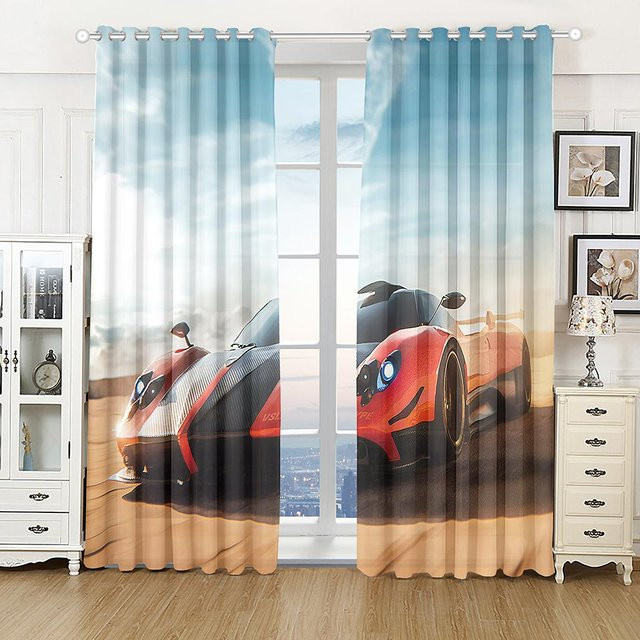 Halbsonnenlicht-Vorhang mit Stadt-Sportwagen-Landschaft 3D-Druck aus Polyester, Mehrfarbig, B: 140 cm, H: 160 cm - Bild 1
