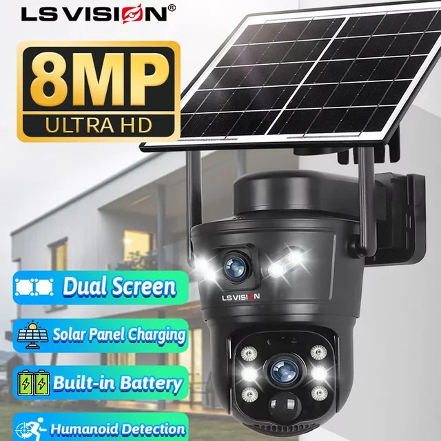LS VISION 8MP 4G Solar Überwachungskamera mit Dual Lens, WiFi PTZ Panorama-Kamera mit Auto Tracking und Batterie, Schwarz - Bild 1