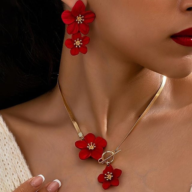 Schmuckset Halskette und Ohrringe, Blumenanhänger, Kristall, rot, Damen - Bild 1
