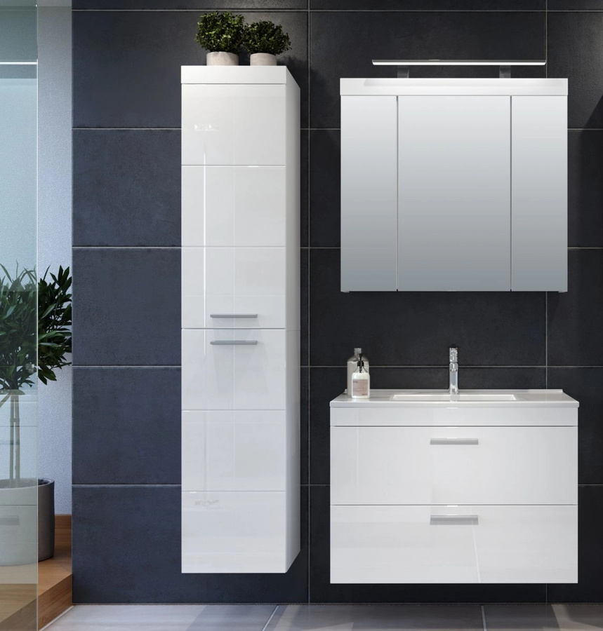 TOP.FURN Badmöbel Set in Weiß Hochglanz mit Waschbecken, Unterschrank, Spiegelschrank und LED-Beleuchtung, Breite: 130 cm, Höhe: 190 cm, Tiefe: 47 cm - Bild 2