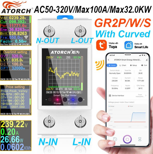 ATORCH Tuya WiFi Smart Din Rail Energiezähler AC50-320V mit App-Steuerung und Echtzeit-Spannungs- sowie Stromkurvenmonitor in Weiß - Bild 1