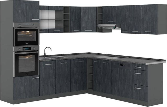 Vicco R-Line Eckküche in L-Form in Schwarz Beton und Anthrazit mit Arbeitsplatte, B/T/H: 247 x 237 x 86 cm - Bild 1