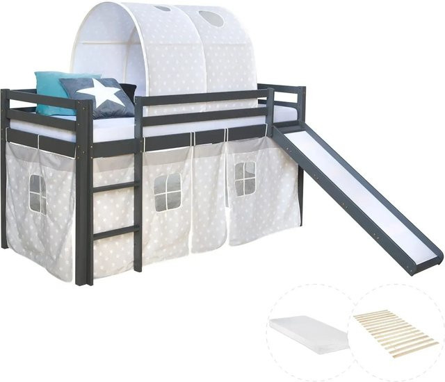 Homestyle4u Kinderhochbett aus Kiefernholz in Grau mit Rutsche, Lattenrost und Matratze, B/T/H: 207,5 x 96,5 x 110 cm - Bild 1