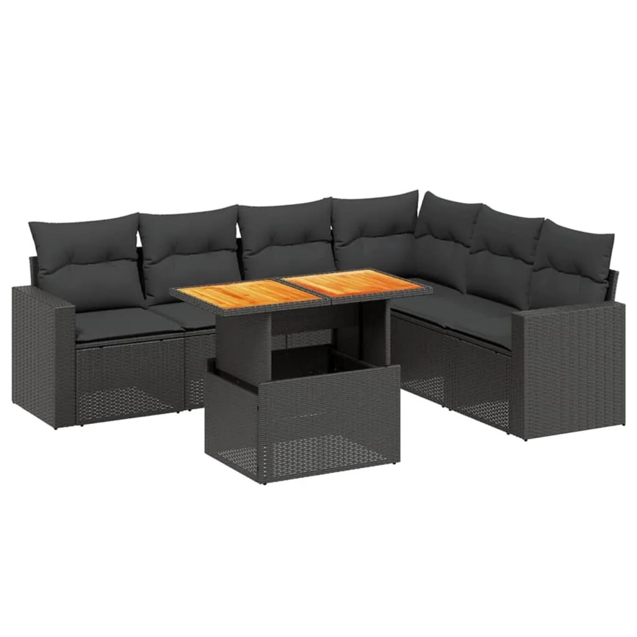 vidaXL 7-teilige Garten-Sofagarnitur in L-Form aus schwarzem Poly-Rattan mit Kissen und pulverbeschichtetem Stahlrahmen - Bild 2