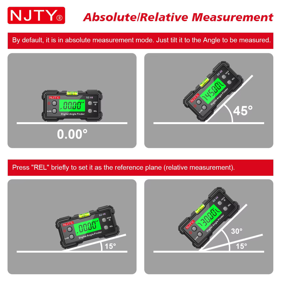 NJTY Digitaler Winkelmesser mit Magnet und Libelle, Elektronisches Neigungsmesser und Goniometer in Rot-Schwarz - Bild 5