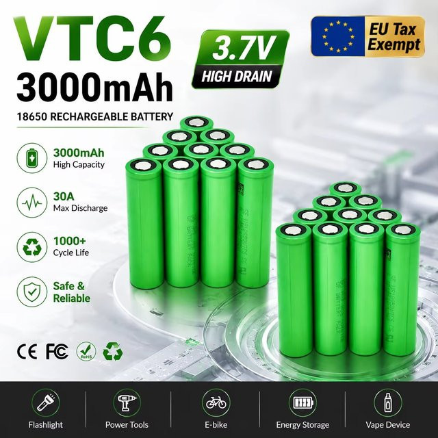 Sony VTC6 18650 Lithium-Ionen-Akku, 3,7 V, 3000 mAh, Farbe: Grün - Bild 1