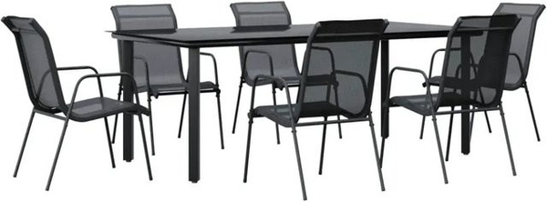 vidaXL 7-teilige Garten-Essgruppe aus Stahl und Textilene in Schwarz mit Glastisch für Terrasse und Außenbereich