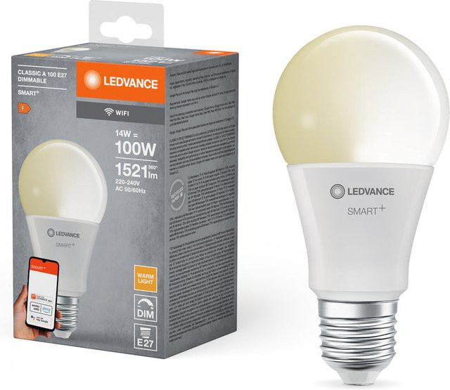 LEDVANCE SMART+ WiFi Classic Dimmable LED-Lampe in A-Form, Warmweiß 2700 K, 14 W (entspricht 100 W), 1521 lm, Matt, kompatibel mit Amazon Alexa und Google Assistant - Bild 1