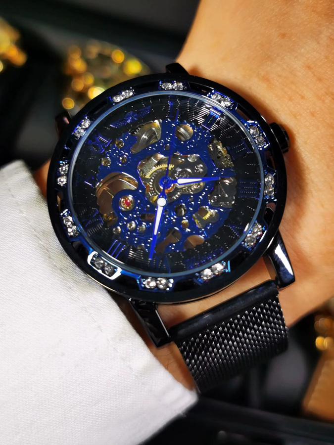 WINNER Armbanduhr, Skelettuhr, Blau, Edelstahl, Diamantbesetzt, Herren - Bild 3
