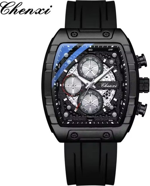 CHENXI Chronograph Herrenuhr, Quarz, Silikonarmband, Schwarz, Wasserdicht - Bild 1
