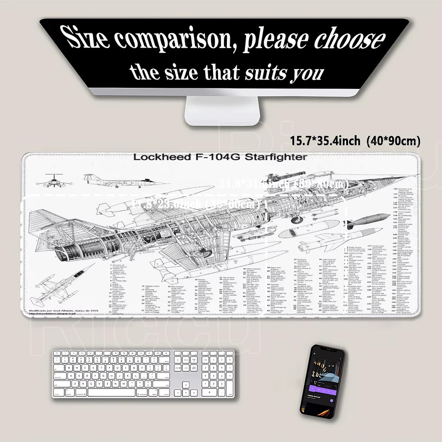 Riccu Gaming-Mauspad Flugzeugzeichnung Schwarz-Weiß mit HD-Druck und Overlock-Rand - Bild 2