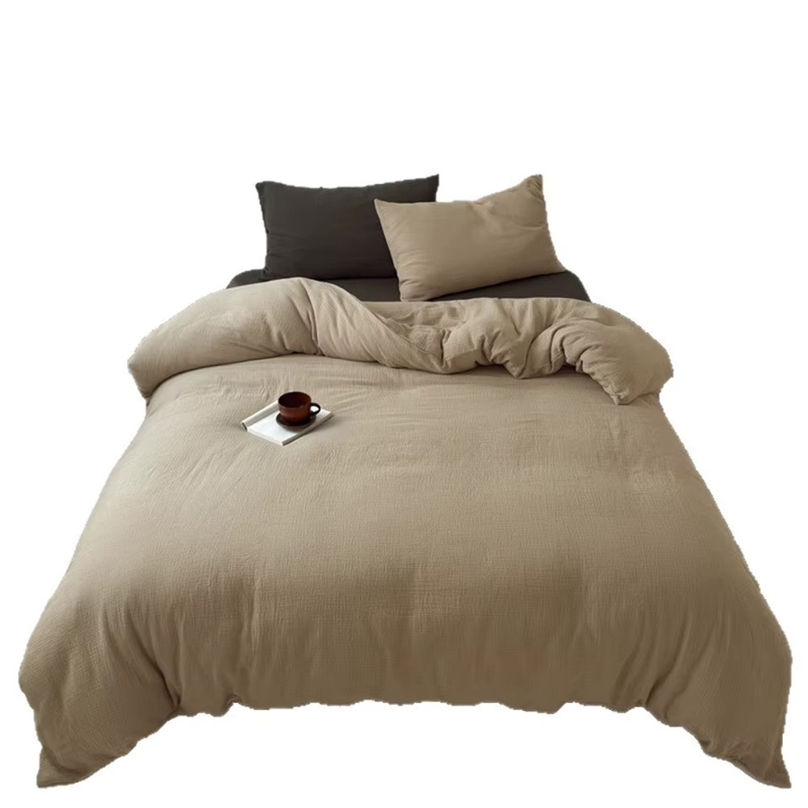 Dreamreal Bettwäsche-Set aus gewaschener Baumwolle und Leinen in Beige und Braun, bestehend aus Duvetbezug und Kissenbezügen, knitterfrei und minimalistisch im Plain-Design - Bild 5
