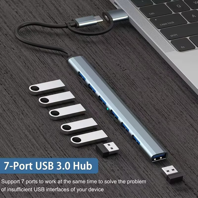 DIXSG USB-C Hub mit 7 Ports USB 3.0 High Speed OTG Adapter Docking Station in Silber für Laptop und PC - Bild 4