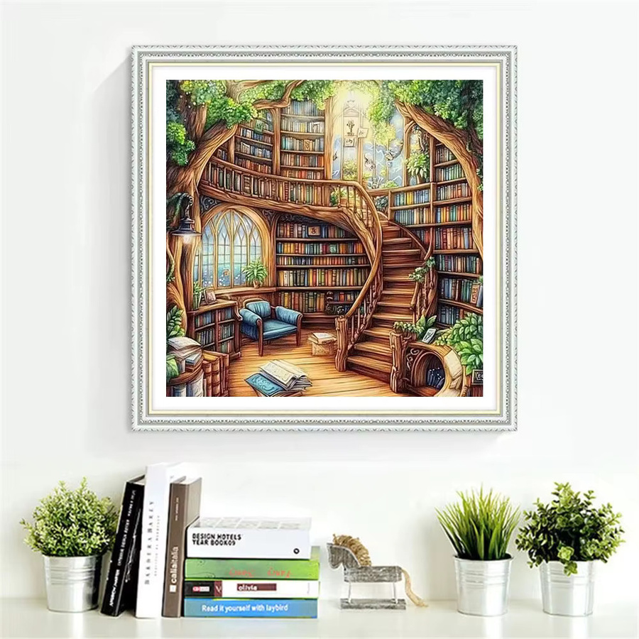 HUACAN Stickerei-Set Hauslandschaft mit Bücherregal und Laden, Kreuzstich-Set auf bedruckter Leinwand, Multicolor - Bild 3
