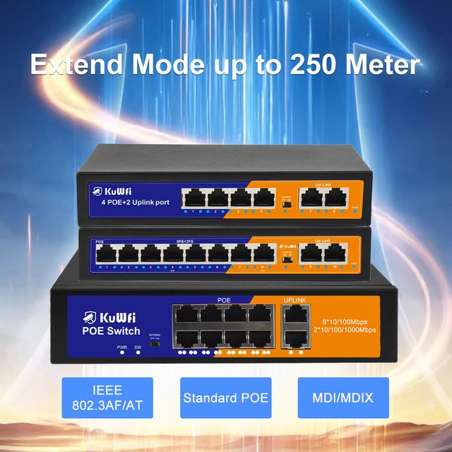 KuWFi Unmanaged PoE Ethernet Switch mit 4 oder 8 Ports und 2 Uplink-Ports in Schwarz für IP-Kameras und Router mit bis zu 250m Reichweite - Bild 1