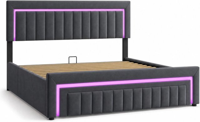 okwish Polsterbett mit LED-Beleuchtung und Schubladen in Grau, B/T: 180 x 200 cm - Bild 1