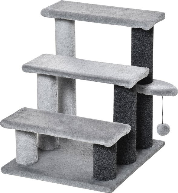 PawHut Katzentreppe und Hundetreppe mit 3 Stufen und integriertem Spielball aus Plüsch in Grau, B/T/H: 45 x 40 x 48 cm - Bild 1