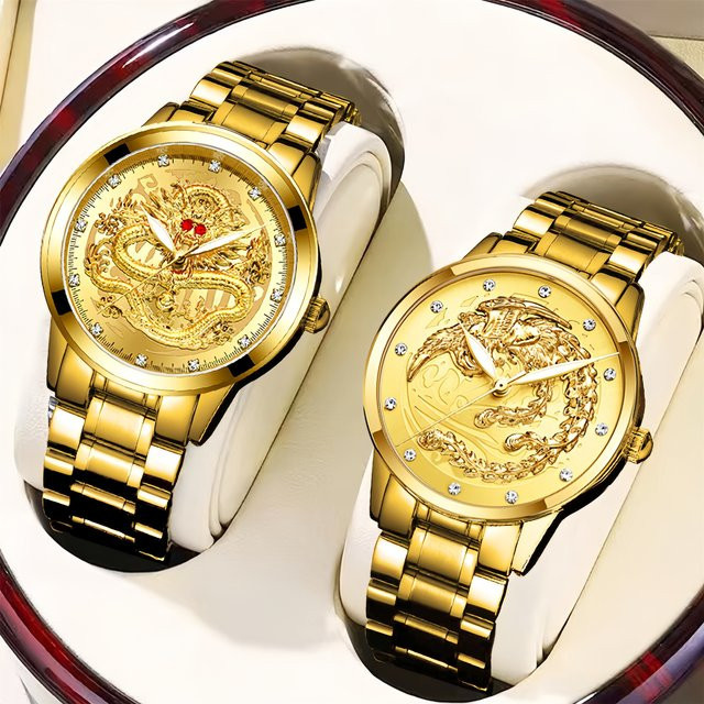 BINBOND Uhren-Set Drachen-Phönix, Quarzuhr, Edelstahl, Gold, Unisex - Bild 1