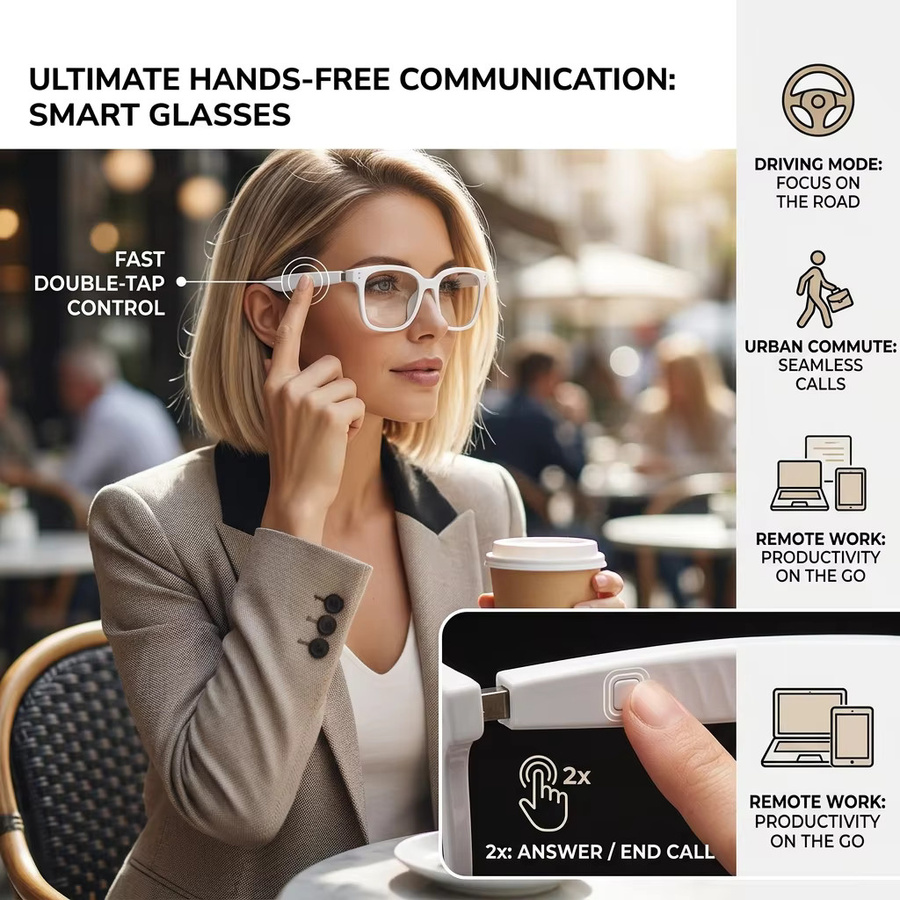 SENBONO KI-Übersetzungs-Smartbrille mit Bluetooth für 100+ Sprachen, Sonnenbrille mit Musikwiedergabe und Bluetooth-Anrufen für Herren in Weiß und Blau - Bild 4