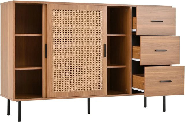 okwish Sideboard für dein Wohnzimmer mit 2 Schiebetüren und 3 Schubladen in Natur/Braun, B/T/H: 140 x 37 x 91 cm - Bild 1