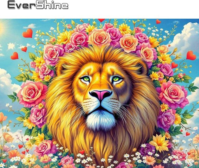 Evershine Diamant-Mosaik Löwe mit quadratischen Bohrern in Multicolour als handgefertigtes Stickerei-Kunstwerk - Bild 1