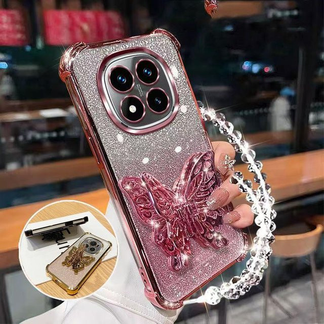 Stoßfeste Handyhülle mit Glitzer-Beschichtung und Schmetterlings-Design für Xiaomi Redmi 15, 15C, Note 15, Note 14 Pro Plus, 14C inkl. Armband in Rosa - Bild 1