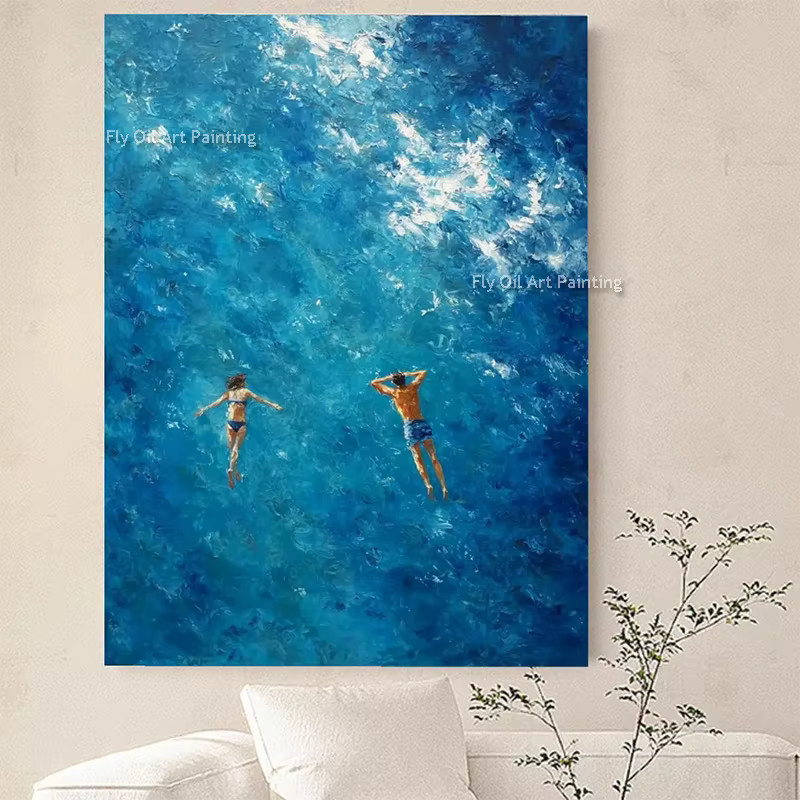 ViVi YOU ART Leinwandkunstwerk Dunkelblaues Ozean-Motiv mit schwimmenden Personen als modernes Ölgemälde für deine Wanddekoration - Bild 2