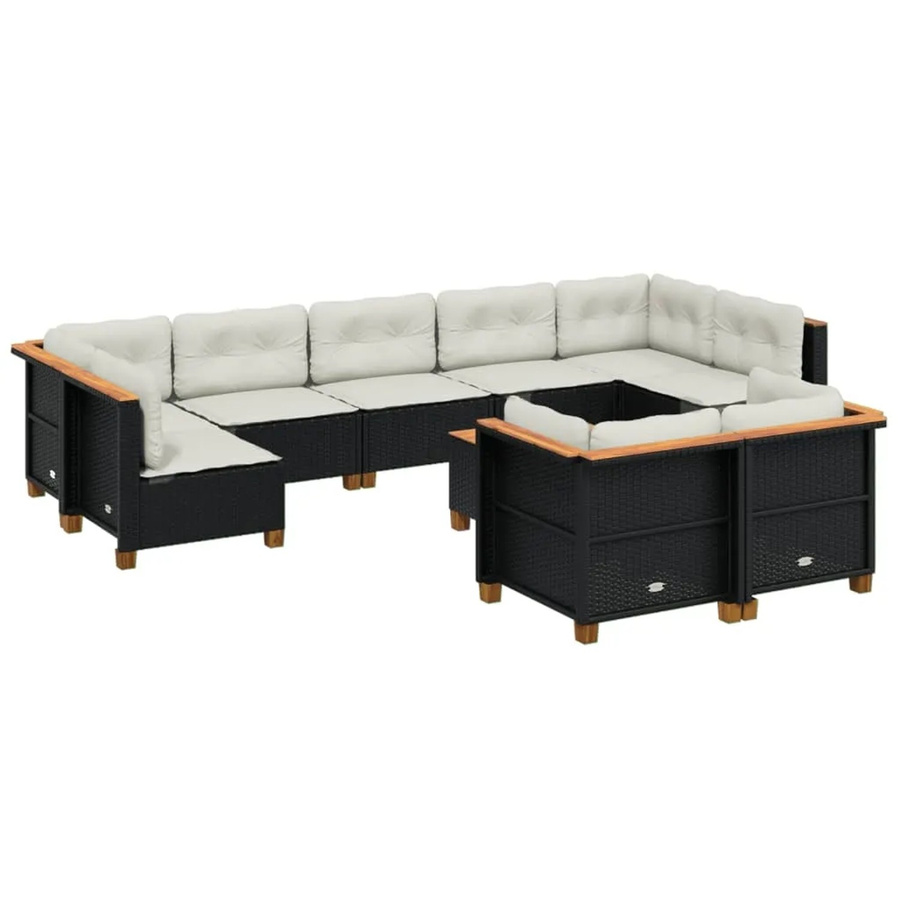 vidaXL 10-tlg. Garten-Sofagarnitur aus Poly-Rattan und Akazienholz in Schwarz mit Kissen und Gartentisch - Bild 2