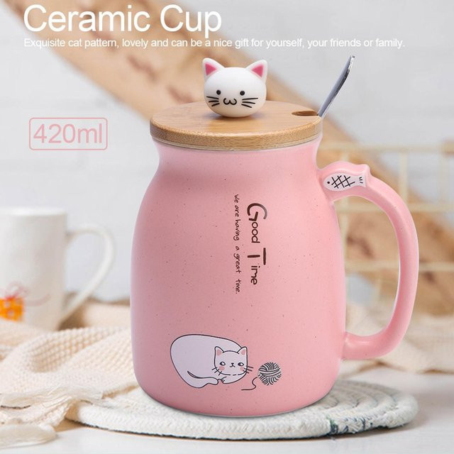 KaiSai Keramik Tasse mit Kattenmotiv, Deckel und Löffel, Beige - Bild 1