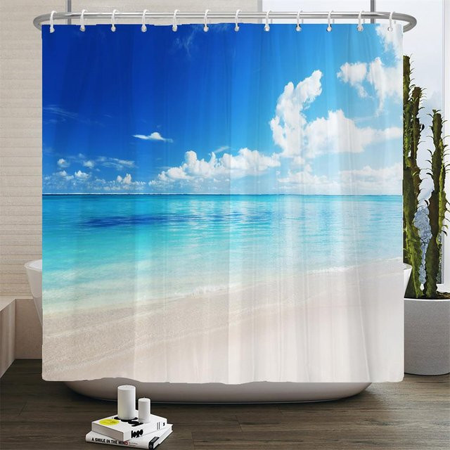 Wasserfester Duschvorhang mit 3D Strand Landschaft Design von Baifenbai Home Furnishing in Blau, B/H: 180 x 240 cm - Bild 1