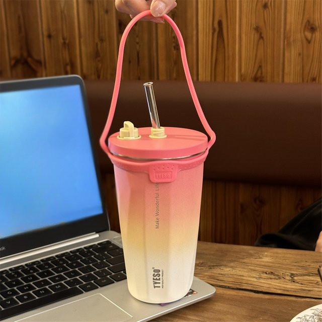 TYESO Thermobecher aus Edelstahl mit Silikonseil und Strohhalm, vakuumisoliert, Schwarz und Pink - Bild 1