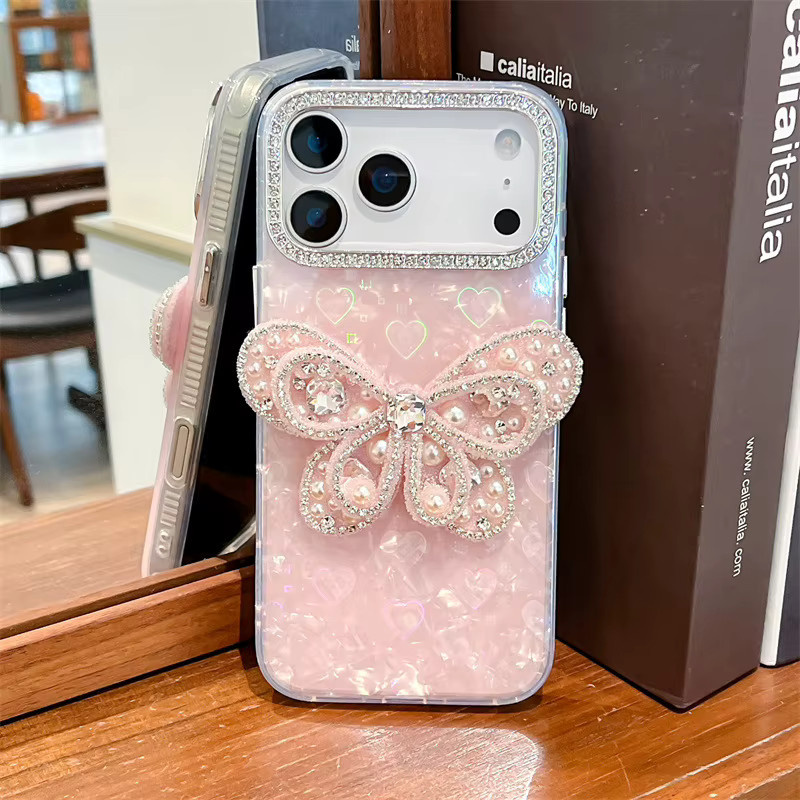 MUQGEW Luxuriöse iPhone Handyhülle mit Laser-Herz-Shell-Muster und vergoldetem Diamant-Schmetterlings-Design in Gold, stoßfeste Schutzhülle für iPhone 17, 16, 15, 14, 13 Pro Max - Bild 4