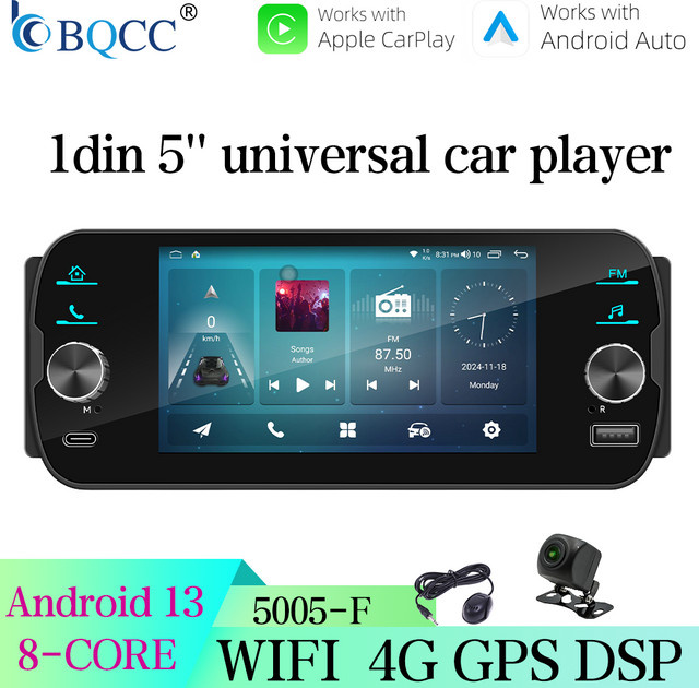 BQCC Universal Auto Media Player 1Din 5 Zoll mit Android 13, Drahtloses CarPlay und Android Auto, WiFi, GPS, 4G, Bluetooth, Schwarz - Bild 1
