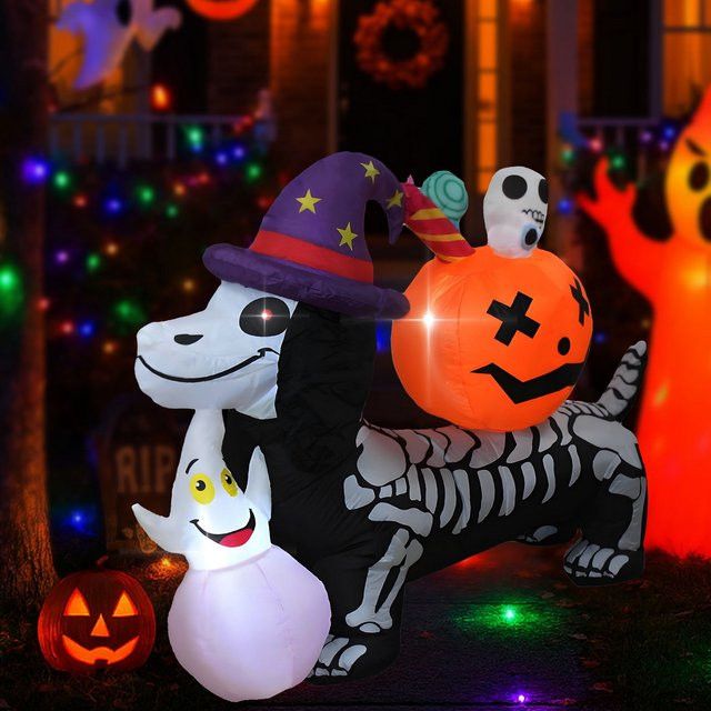 WAYDEKO Aufblasbare Halloween-Außendekorationen aus Kunststoff mit Alien, Geisterkürbis und Skelett-Dackel - Bild 1