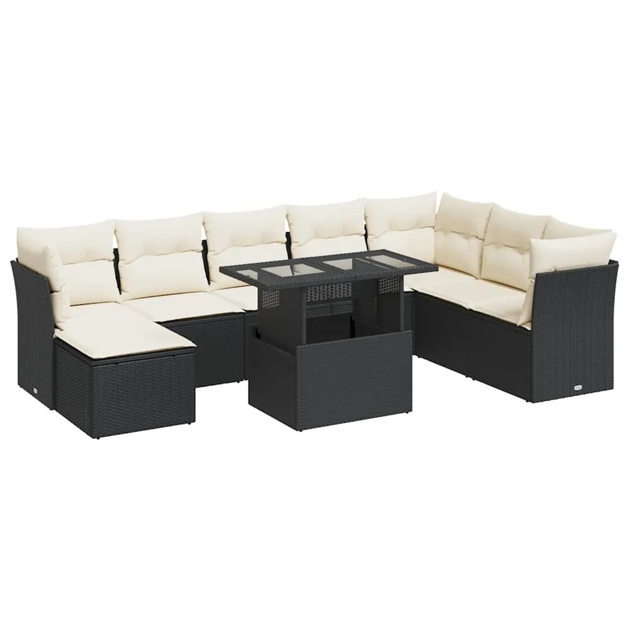 vidaXL 9-tlg. Garten-Sofagarnitur in L-Form aus schwarzem Poly-Rattan mit Kissen und pulverbeschichtetem Stahlgestell - Bild 2