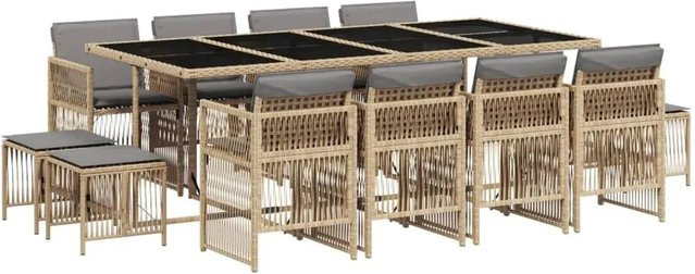vidaXL 13-teilige Garten-Essgruppe aus Poly-Rattan mit Kissen und Hartglas-Tischplatte in Beige, Schwarz und Grau - Bild 1