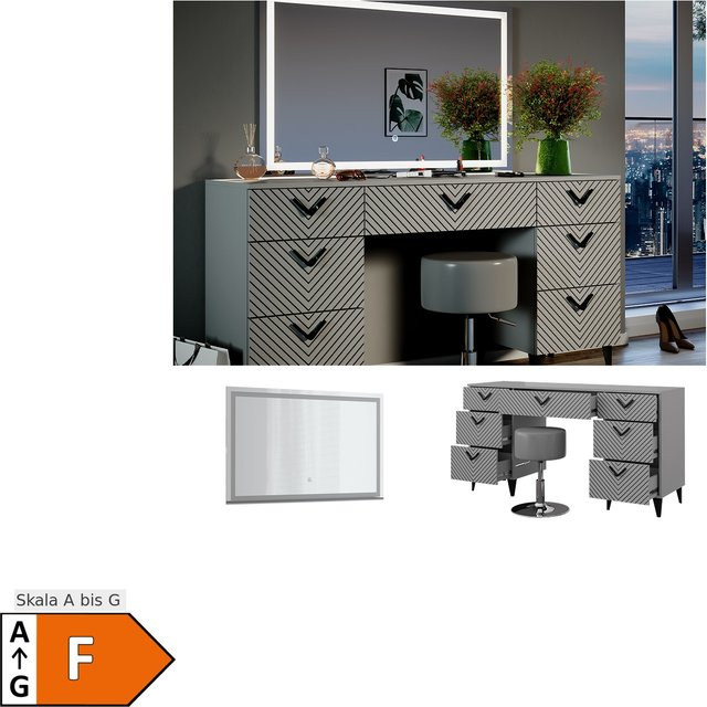 Vicco Schminktisch Anett Grau mit LED-Spiegel, Hocker und 7 Schubladen, B: 150 cm, T: 78 cm - Bild 1