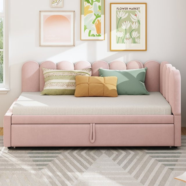 KOMHTOM 2-in-1 Multifunktions-Schlafsofa aus Samt in Samtrosa als platzsparendes Polsterbett für Kinder oder Gäste - Bild 1