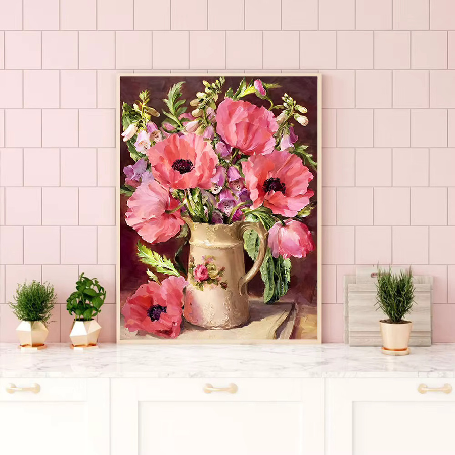 Huacan DIY Diamond Painting Set Floral Rose in Pink, Vintage Stil, Rund, Durchmesser: 30 cm - Bild 3
