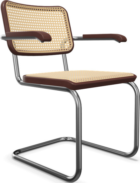 Thonet S 64 V Freischwinger mit Armlehnen aus Stahlrohr und Wiener Geflecht in Braun, B/T/H: 62 x 58 x 82 cm - Bild 1