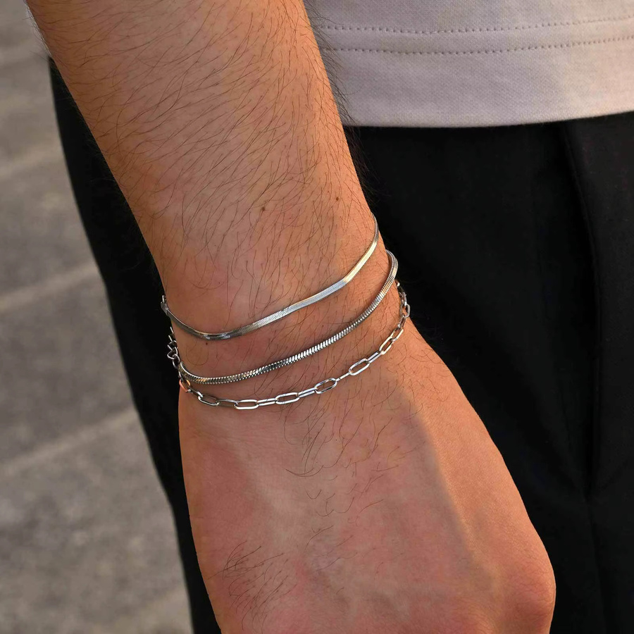 Kettenarmband 3-teilig, Edelstahl, Silber, Herren, minimalistisch - Bild 2