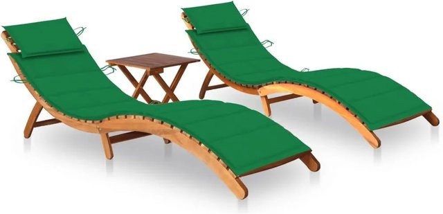 vidaXL Sonnenliegen Set aus Akazien-Massivholz mit Tisch und grünen Auflagen - Bild 1