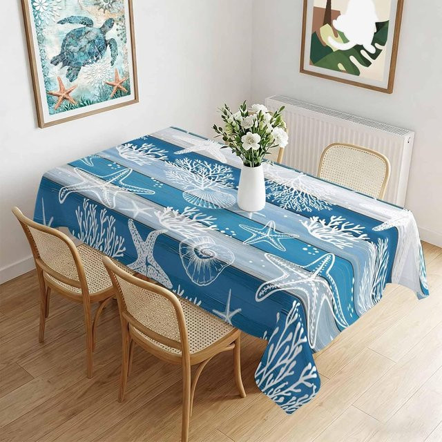 Wasserdichte Tischdecke von JINGYUE Pet mit Seestern-Muschel-Koralle-Motiv in Blau, Landhaus-Stil, B/T: 160 x 100 cm - Bild 1